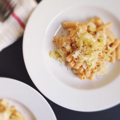 Creamy Butternut Squash Sauce with Caramelized Leeks & Brown Rice Penne