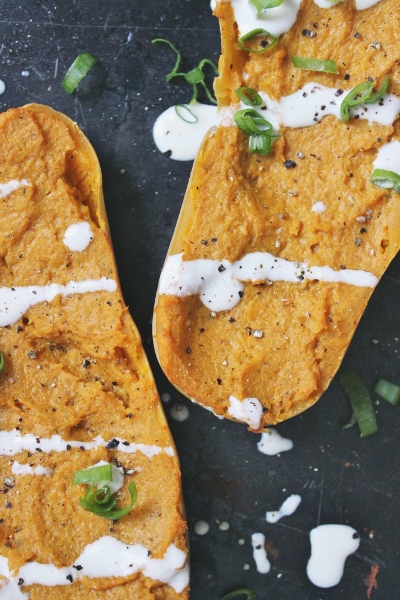 Twice-Baked Curry-Spiced Butternut Squash with Cashew Cream