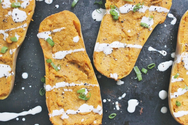 Twice-Baked Curry-Spiced Butternut Squash with Cashew Cream
