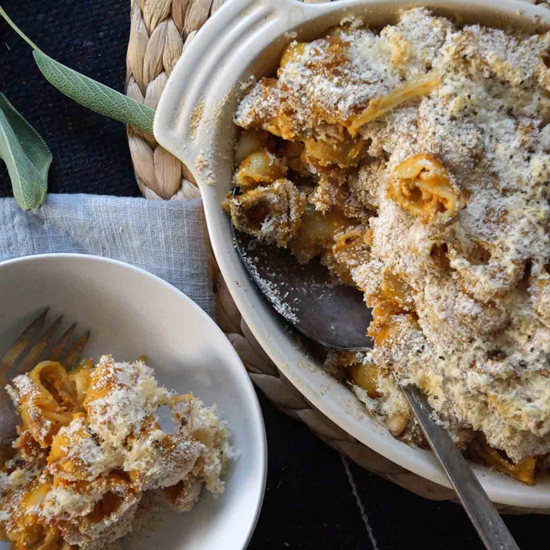Baked-Pumpkin-Pasta-with-Caramelized-Onions-Sage-and-Chevre-square