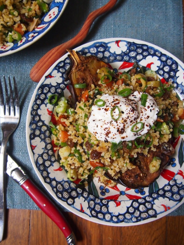 Chermoula Roasted Eggplant with Bulgur Salad