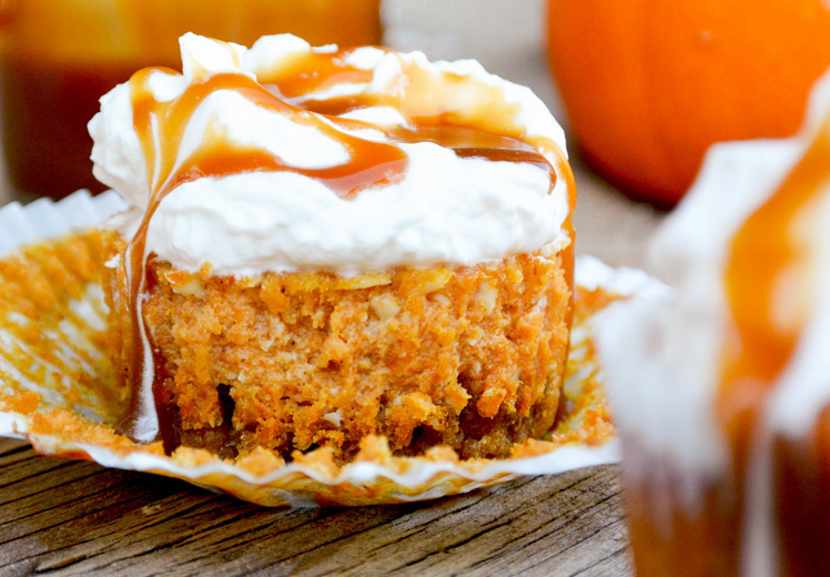 Pumpkin Pie Cheesecakes with Bourbon Whipped Cream and Salted Caramel