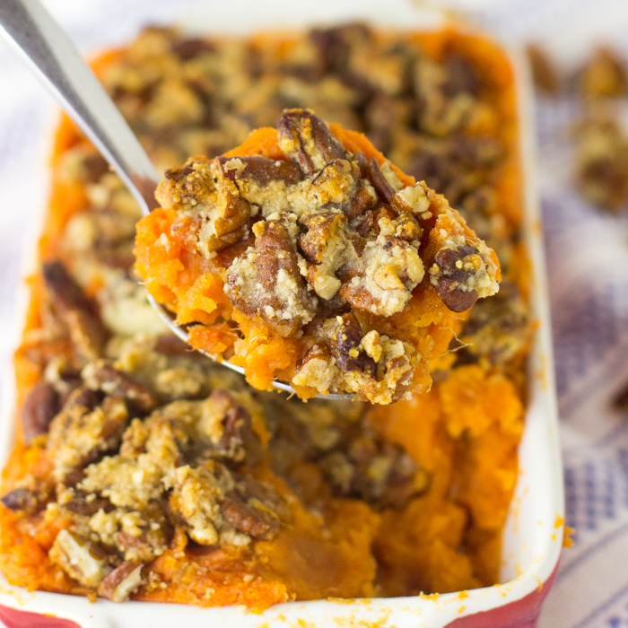 Skinny Sweet Potato Casserole with Maple Pecan Topping