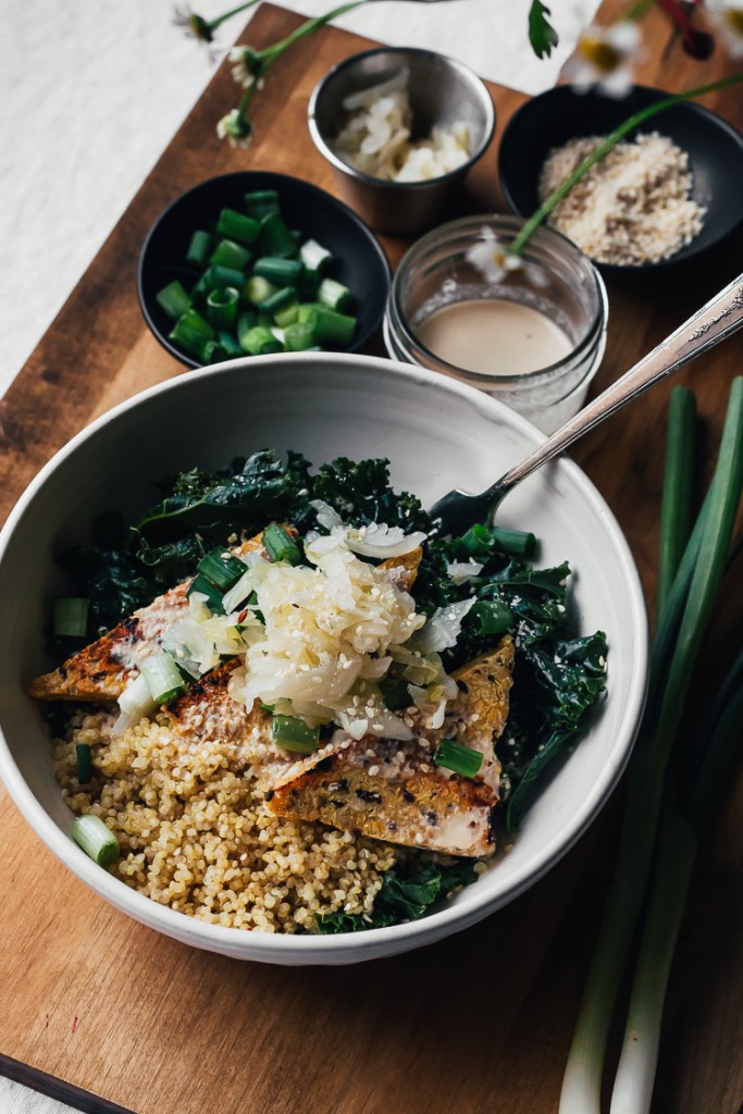 Sesame Kale Macro Bowl with Caraway Kraut