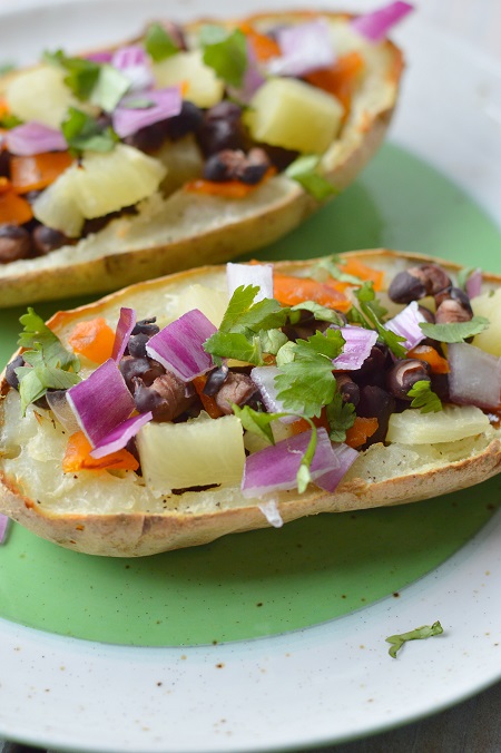 Loaded BBQ Black Bean and Pineapple Potato Skins