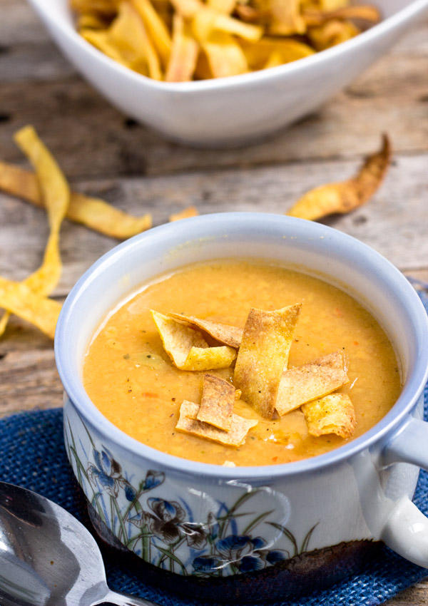 Curried Creamy Yellow Pea Soup with Baked Tortilla Strips