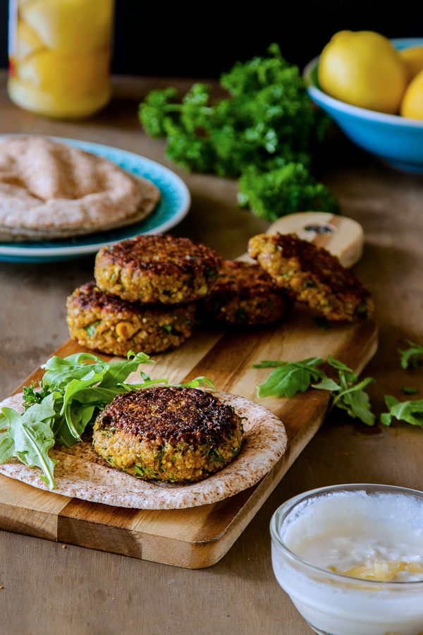 Spiced-millet-and-chickpea-burgers-with-preserved-lemon-yoghurt