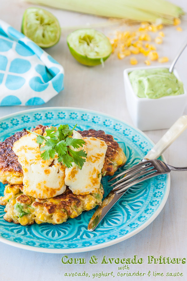 Corn-and-avocado-fritters-with-avocado-yoghurt-coriander-lime-sauce