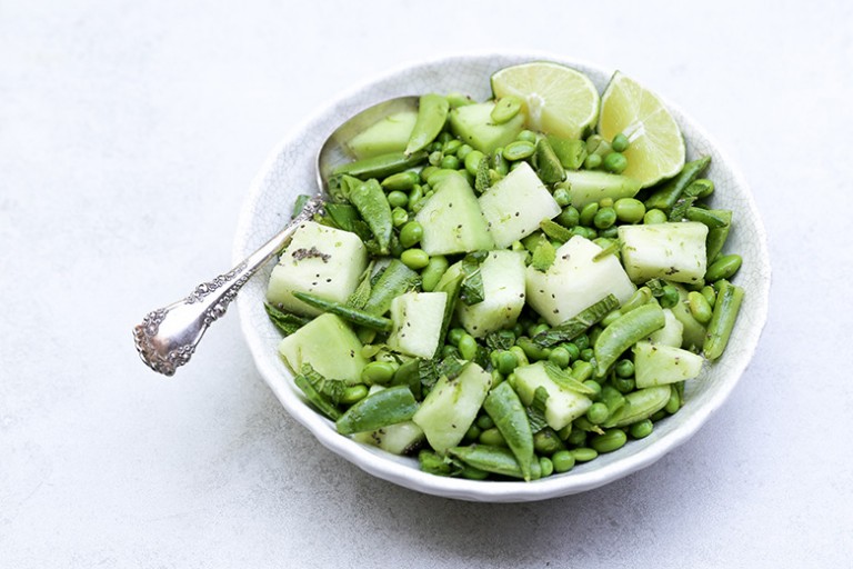 Honeydew, Pea and Edamame Salad with SesameGinger Dressing