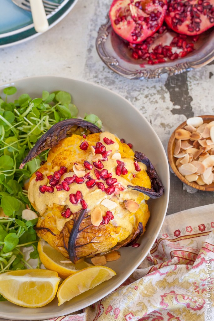 Whole roasted cauliflower in Tahini Ras El Hanout Sauce