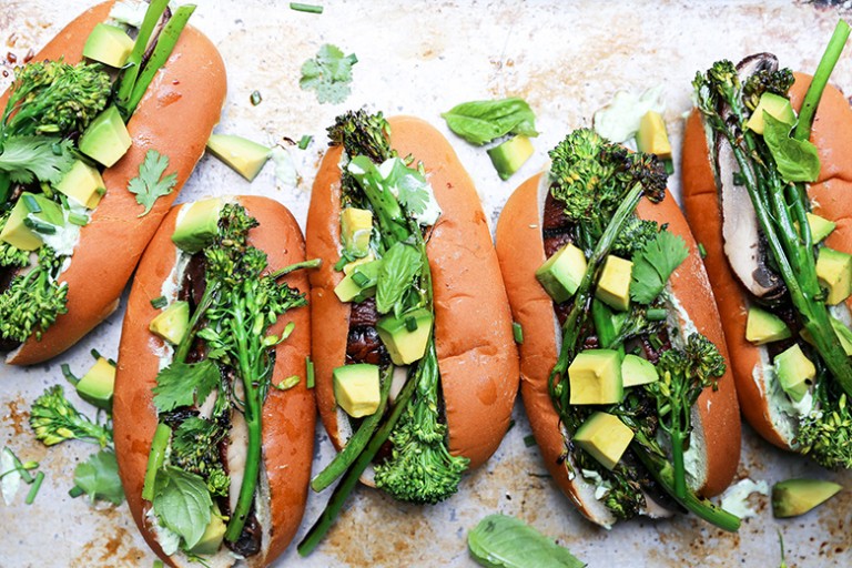 Grilled Portobello Mushroom and Broccolini Veggie Dogs