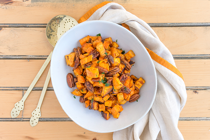Roasted Sweet Potatoes with Apple Brandied Coconut Pecans
