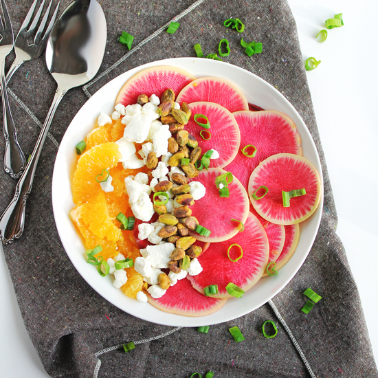 Watermelon-radish-orange-salad-with-goat-cheese-and-pistachios-550
